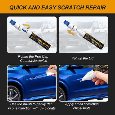 Steps to use Cavalry Blue 8W2 Touch Up Paint For Toyota Cars Color Matched Scratch Repair Pen on a blue vehicle panel