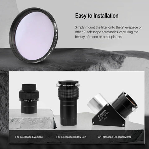 Moon Filter 2 Inch for Telescopes, Cuts Moon Glow and Glare, with eyepiece accessories for improved night sky clarity.
