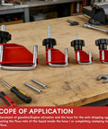 Pro Grade Hose Pinch Off Pliers For Flexible Fuel Line And Brake Line And Coolant Radiator Hoses With Smooth Clamp Action No Damaging The Line And Adjustable Button Multi Size Tips Three Eighths Inch One Half Inch One Inch And One And Three Quarters Inch displayed on a workbench with tools