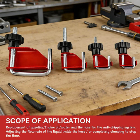 Pro Grade Hose Pinch Off Pliers For Flexible Fuel Line And Brake Line And Coolant Radiator Hoses With Smooth Clamp Action No Damaging The Line And Adjustable Button Multi Size Tips Three Eighths Inch One Half Inch One Inch And One And Three Quarters Inch displayed on a workbench with tools