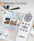 52 Inch Flush Mount Ceiling Fan With Lights And Remote Control showing remote with settings, reversible DC motor, 6 speeds, and timing.
