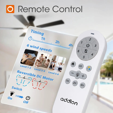 52 Inch Flush Mount Ceiling Fan With Lights And Remote Control showing remote with settings, reversible DC motor, 6 speeds, and timing.