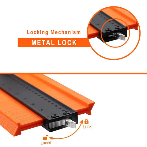 Close-up of metal lock mechanism on 12 Inch Contour Gauge with Lock Profile Tool for Woodworking and Carpentry Dual Scale Duplicator