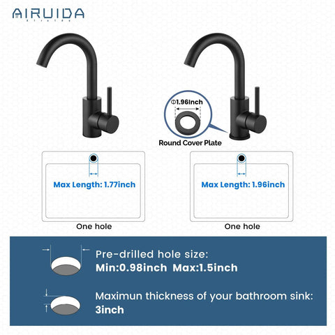 Matte Black Single Hole Bathroom Faucet With 360 Degree Swivel Spout, 304 Stainless Steel Vanity Sink Tap dimensions