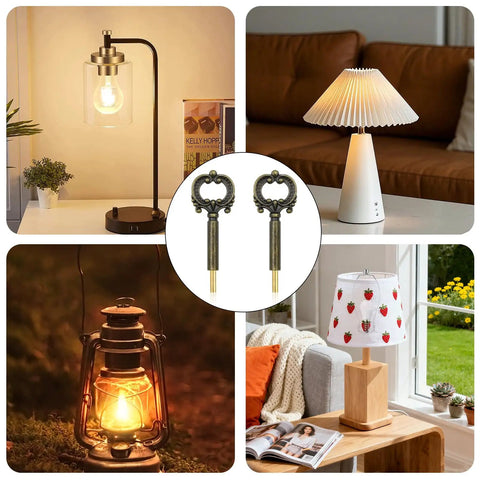 2 Pack Solid Brass Lamp Switch Knobs Retro Key Style Turn Handles Universal Fit displayed with various lamp styles.