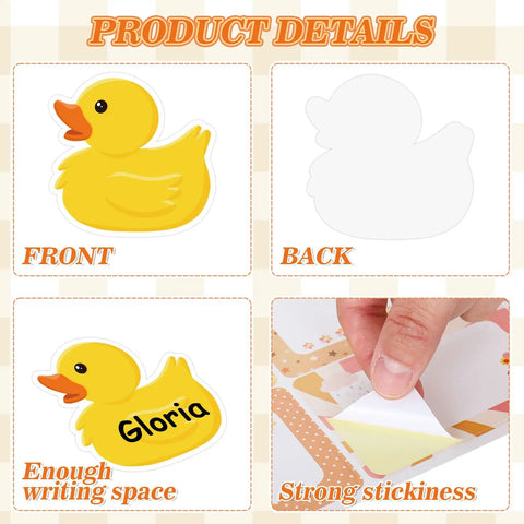 Yellow Rubber Duck Name Tag Stickers 120 Pcs Set For Classroom Decor And School Supplies, front and back details, writing space, stickiness.