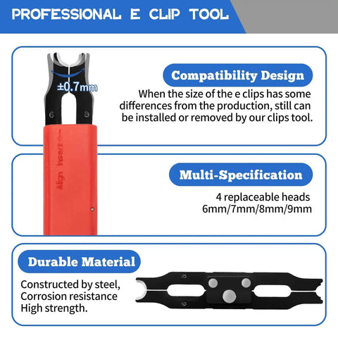 Pro Grade E Clip Snap Ring Kit With Removal And Installation Tool Four Size Set 6 mm 7 mm 8 mm 9 mm Includes 40 Retaining Rings For Bearing Fixation Easy Install And Removal Perfect For DIY And Shop Projects with tool and specifications