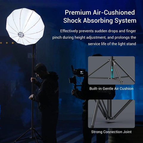 Dope Air Cushioned Aluminum Light Stand Extends To 110 Inches, 9.2 Ft For Softboxes, in use with air-cushioned shock system