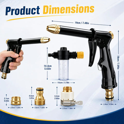 Beastly High Pressure Hose Nozzle For Garden Hose dimensions showing adjustable spray wand and attachments for outdoor cleaning