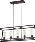 Five Light Linear Industrial Chandelier For Kitchen Island And Dining Room Farmhouse Pendant Light In Oil Rubbed Bronze With Metal Frame