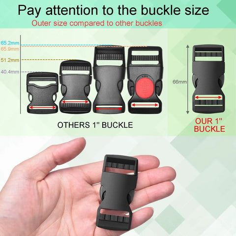Six Pack 1 Inch Quick Release Buckles For Nylon Webbing Straps Replacement No Sew Dual Adjustable Heavy Duty Plastic Buckle Set With Size Comparison