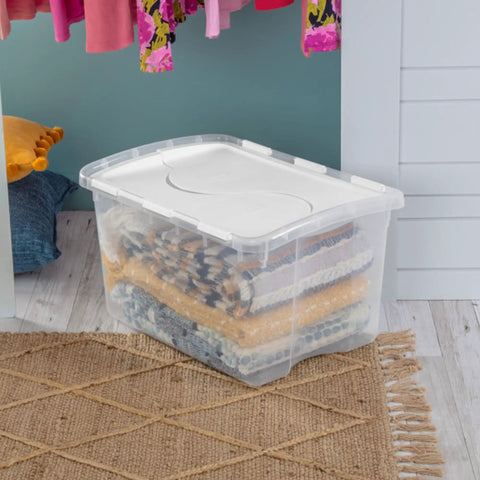 Prime 48 Quart Hinged Lid Storage Boxes 12 Pack Heavy Duty Plastic Totes Best for Garage Closets and Rooms Stackable with Tight Fitting Lids Perfect Stash Solution for All Your Gear