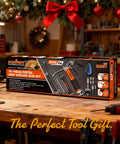 18-Piece pistol-grip grease gun kit box on workbench, orange/black packaging, 8000 PSI, hoses included