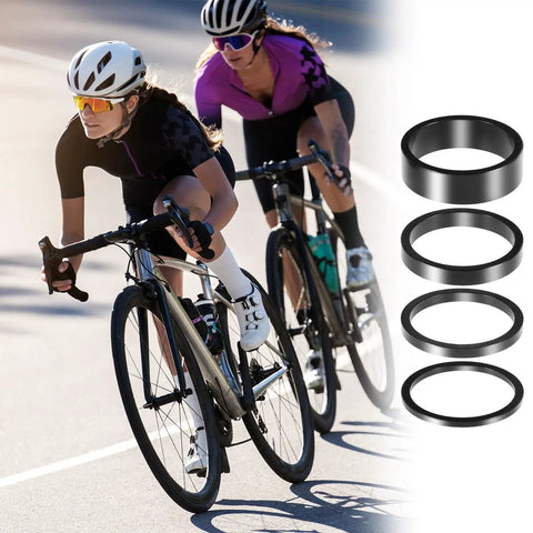 Cyclists on road with Eight Piece Aluminum Bicycle Headset And Stem Spacers Set For One And One Eighth Inch Stems shown separately