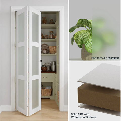 Heavy Duty Interior Bifold Closet Doors Fits 24 X 80 Inch Opening, Three Lite Tempered Frosted Glass Panels, visible in a modern pantry setting.