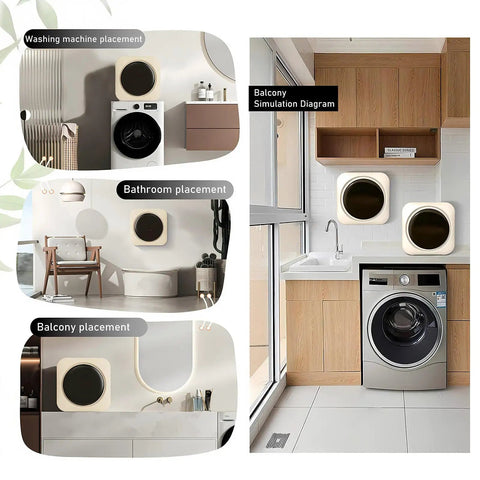 Hella Compact Two In One Washer And Dryer Combo With Bright Lcd Panel mounted in bathroom and balcony settings, demonstrating space-saving options.