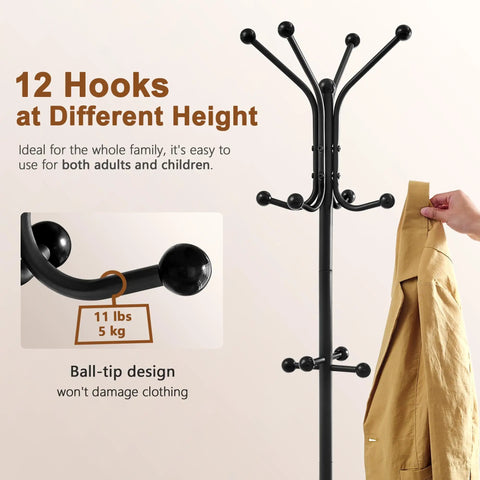 Freestanding Coat Rack With Umbrella Holder, Metal Coat Tree With 12 Hooks, Standing Hanger Stand for Entryway and Home Office