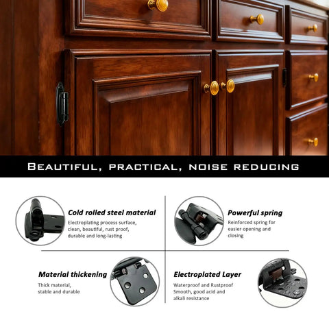 Half Overlay Black Cabinet Hinges 36 Pack Self Closing Heavy Duty Soft Close, showcasing black steel hinges on wooden cabinet doors.