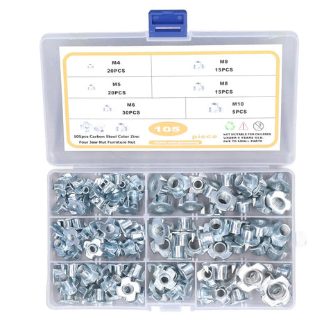 105 Piece T Nut Assortment Kit Galvanized Carbon Steel 4 Prong Tee Nut Fasteners in clear storage box with metric sizes
