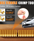 Beefed-Up Bench Hose Crimper Kit with dies, 100 ferrules, showing hand using tool for crimping rubber, PVC, air hoses