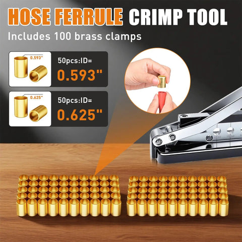 Beefed-Up Bench Hose Crimper Kit with dies, 100 ferrules, showing hand using tool for crimping rubber, PVC, air hoses