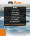 Wide fitment compatibility chart for Lower Bearing Carrier Puller With Adjustable Arms For Yamaha Johnson Evinrude Mercury Honda Mercruiser Gearcases 115 HP And Up Beefy Heavy Duty Steel Marine Gear Tool Built To Last visible next to boat on water.