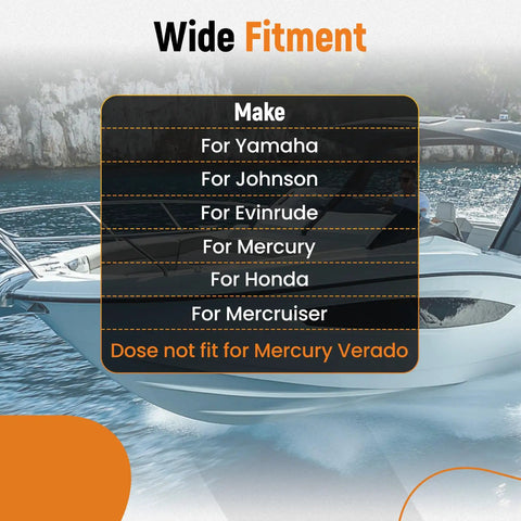 Wide fitment compatibility chart for Lower Bearing Carrier Puller With Adjustable Arms For Yamaha Johnson Evinrude Mercury Honda Mercruiser Gearcases 115 HP And Up Beefy Heavy Duty Steel Marine Gear Tool Built To Last visible next to boat on water.
