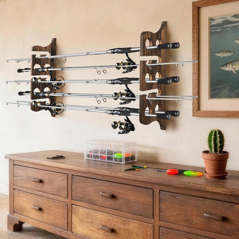Solid Wood Wall Mount Fishing Rod Rack Keeps Your Poles Neatly Stowed Holds Up To 10 Fishing Rods Perfect Garage Or Shed Organizer With Waterproof Finish And Heavy Duty Stability installed on wall with fishing rods.
