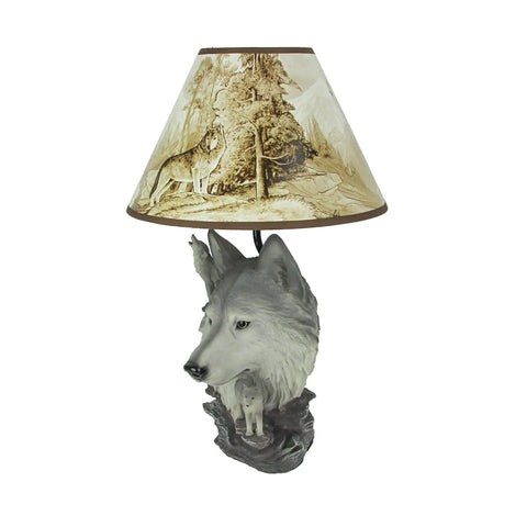 Wolf Bust Table Lamp With Nature Print Shade, 18.5 Inch Tall Cozy Ambient Lighting, featuring a gray wolf sculpture and rustic design.