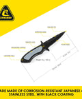 Rugged Grip Diving Knife With 175 Mm Double Edged Spear Point Blade Serrated On One Side Black Finish Japanese 420 Stainless Steel
