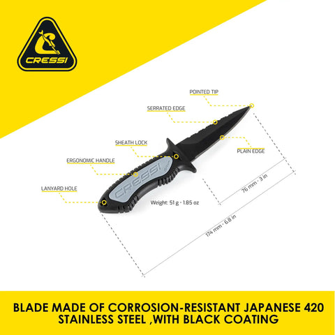 Rugged Grip Diving Knife With 175 Mm Double Edged Spear Point Blade Serrated On One Side Black Finish Japanese 420 Stainless Steel
