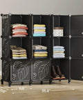 9 Cube Closet Organizer With Doors Portable Modular Storage Shelves For Clothes Books Toys Black Cube Cabinet partially open with folded clothes and shoes visible in cubes.