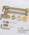 Pot Filler Wall Mounted Faucet With Double Jointed Swing Arm And Two Lever Handles In Brass, 23.4 Inch Reach, Brushed Dark Gold PVD Finish