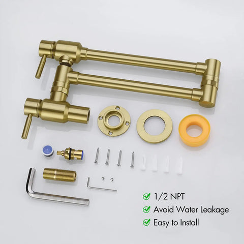 Pot Filler Wall Mounted Faucet With Double Jointed Swing Arm And Two Lever Handles In Brass, 23.4 Inch Reach, Brushed Dark Gold PVD Finish