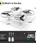 Kids RC Drone With LED Lights For Beginners Indoor Outdoor Mini Quadcopter With 3D Flip And Two Rechargeable Batteries Gift For Boys And Girls White For Birthday Fun dimensions and what's in the box