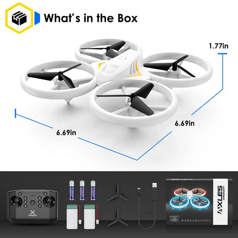 Kids RC Drone With LED Lights For Beginners Indoor Outdoor Mini Quadcopter With 3D Flip And Two Rechargeable Batteries Gift For Boys And Girls White For Birthday Fun dimensions and what's in the box