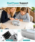 Top Shelf Qwerty Label Maker Featuring Waterproof Build And Portable Slick Design With Type C And Battery Power For Stress Free Home Office Organization Including One White 12mm Core Tape, shown being used by an adult and child.