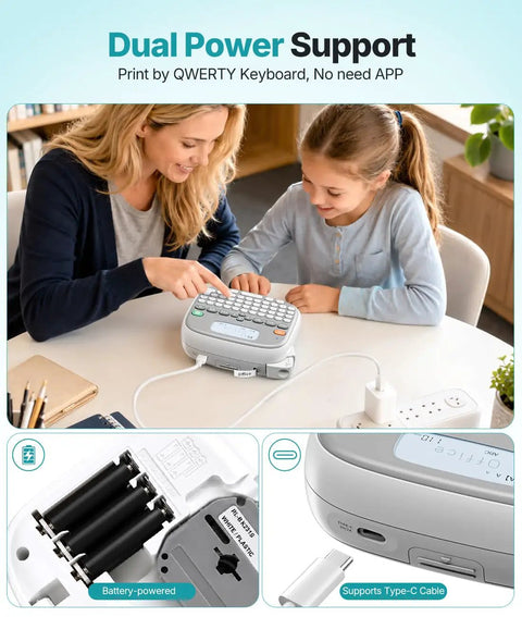 Top Shelf Qwerty Label Maker Featuring Waterproof Build And Portable Slick Design With Type C And Battery Power For Stress Free Home Office Organization Including One White 12mm Core Tape, shown being used by an adult and child.