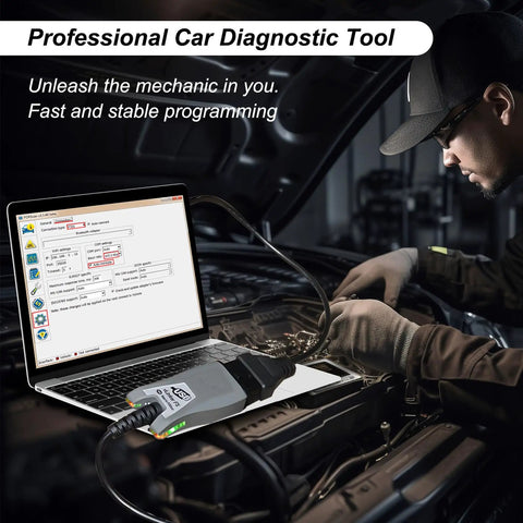 FORScan USB OBD2 Adapter For HS And MS CAN Auto Switch used with laptop for car diagnostics in garage setting