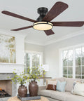Ceiling Fans,46" RGB Low Profile Ceiling Fans with Lights, Wood-like Blades in a modern living room setting.