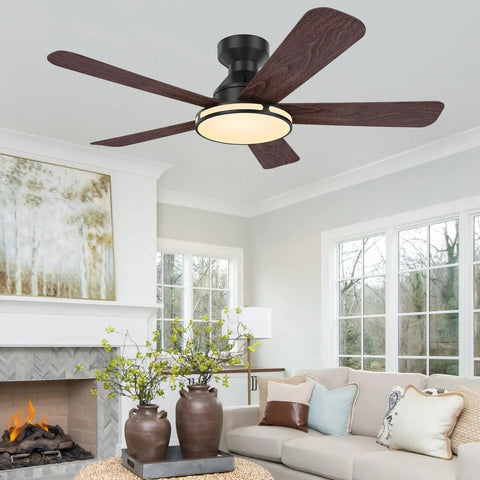 Ceiling Fans,46" RGB Low Profile Ceiling Fans with Lights, Wood-like Blades in a modern living room setting.