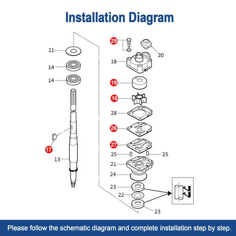 Installation diagram for Water Pump Impeller Repair Kit 3T5 87322 3 for Nissan Tohatsu Outboard 40 50 HP TLDI 4 Stroke