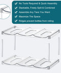 4 Tier Stackable Water Bottle Organizer Rack Fits Large Wide Mouth Bottles And Tall Tumblers Holds 12 Items No Fuss For Cabinets Countertops Fridges Pantry Clear Design, partially assembled clear rack with assembly features listed.