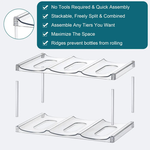 4 Tier Stackable Water Bottle Organizer Rack Fits Large Wide Mouth Bottles And Tall Tumblers Holds 12 Items No Fuss For Cabinets Countertops Fridges Pantry Clear Design, partially assembled clear rack with assembly features listed.