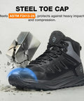 Steel Toe Work Boots For Men Built Tough Waterproof Slip-Resistant Wide-Toe Safety Shoes With EH Protection Zero Drop Oil Resistant For Construction And Welding Jobs, showcasing ASTM F2413-24 certified steel toe cap resisting impact.