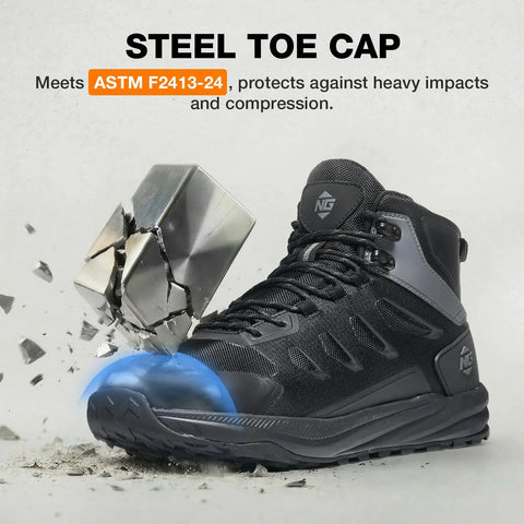 Steel Toe Work Boots For Men Built Tough Waterproof Slip-Resistant Wide-Toe Safety Shoes With EH Protection Zero Drop Oil Resistant For Construction And Welding Jobs, showcasing ASTM F2413-24 certified steel toe cap resisting impact.