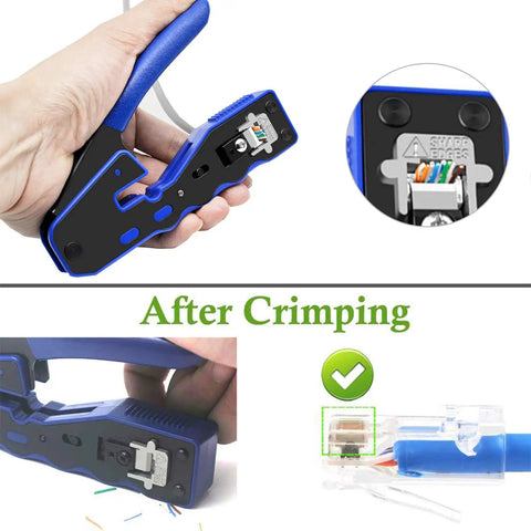 RJ45 Pass Through Crimp Tool For Cat6 And Cat5e Ethernet Cables showing crimping action and wire connection after use