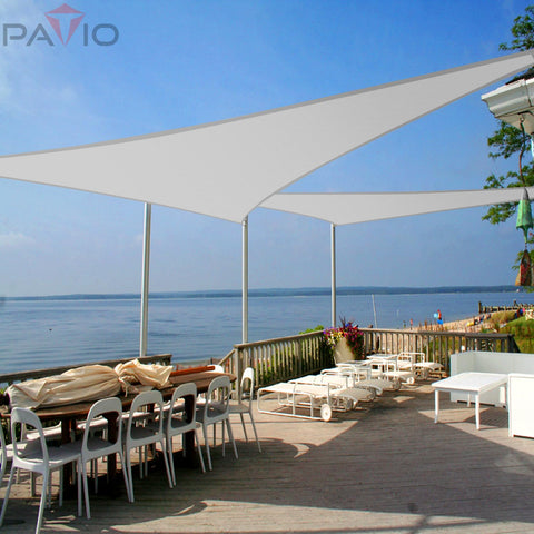Triangle Shade Sail For Outdoor Patio 16 Ft By 16 Ft By 22.6 Ft Waterproof Sun Shade Canopy over patio area by the water