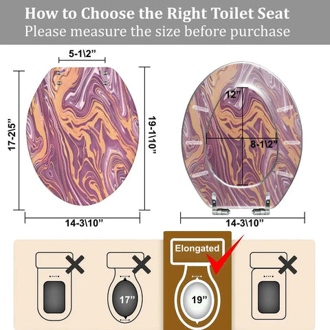 Slow Close Elongated Toilet Seat for Bathroom showing dimensions 17.25" x 14.3" for correct fitting instructions.