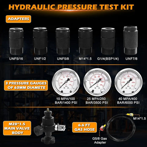 Pro Grade Nitrogen Accumulator Charging Kit For Hydraulic Systems With Pressure Test Tool, Three Gauges 1500 4500 6000 Psi, Seven Adapters, Gas Hose And Main Valve Body, Excavator Gas Filling Tool
